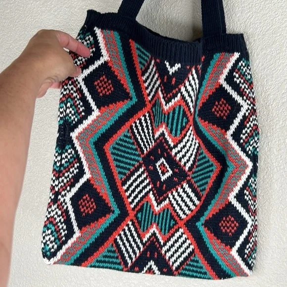 Bohemian Boho Blue Geometric Tribal Pattern Knitted Shoulder Bag New without tag - Picture 4 of 8